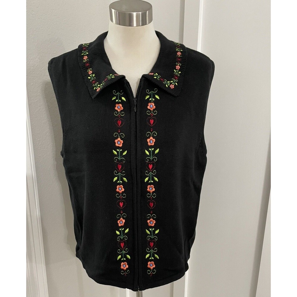 Bechamel Vintage Sweater Vest Black Knit Front Zip Floral‎ Embroidery NWT Large